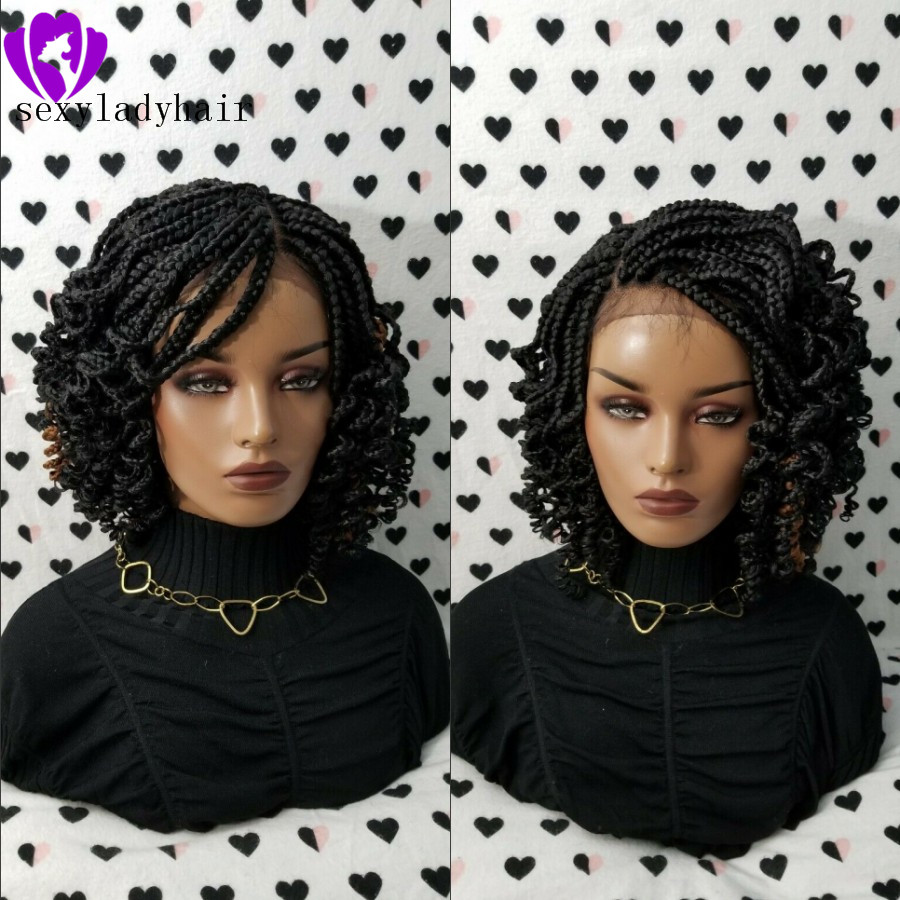 200density full short Braided Wigs Box Braids Wigs For Black Women Lace Front Braid Wig Curly 14inch Black/ Brown With Body Hair