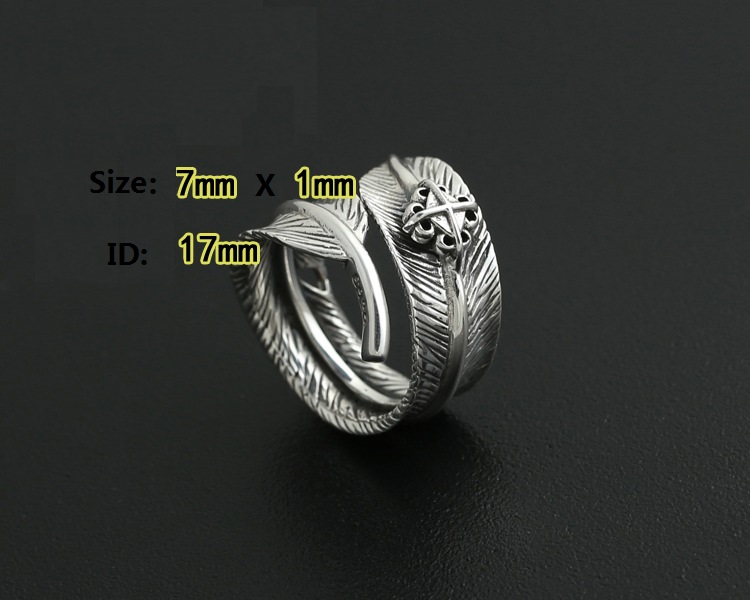 Brand 925 sterling silver jewelry antique silver American Japanese hand-made designer feather open adjustable rings for men women