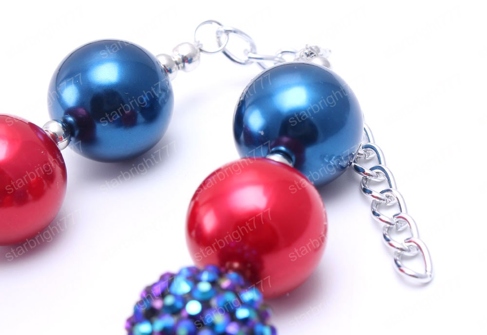 Red+Navy Color Kid Chunky Necklace Fashion 4th July Girl Children Bubblegom Bead Chunky Necklace Fashion Party Gift