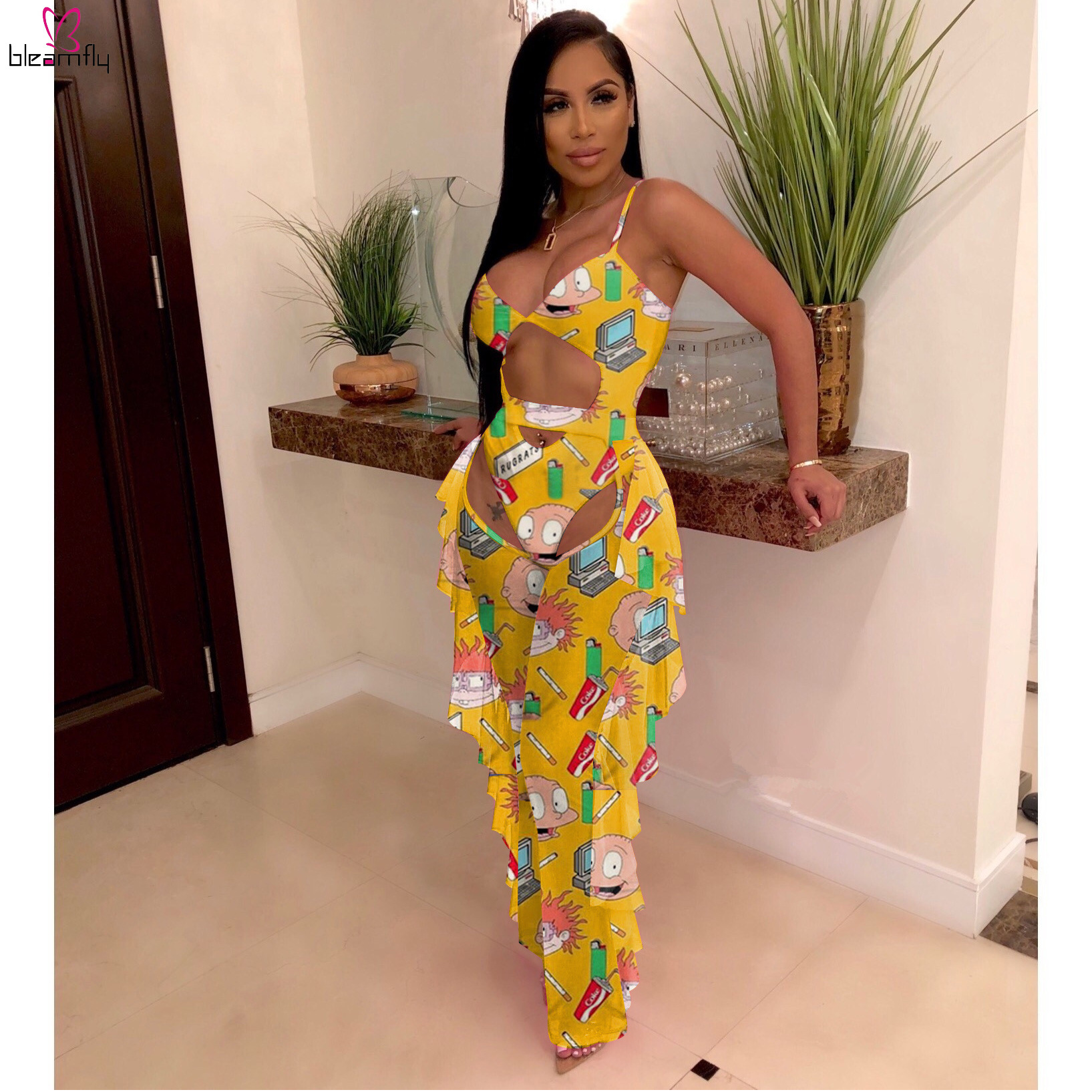 Sheer Mesh Cartoon Character Two Piece Tracksuit Spaghetti Strap Overall And Ruffles Spliced Wide Leg Pant Club Outfit