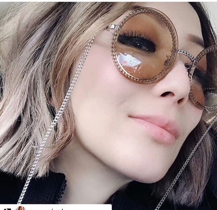 Quality 2h45 fashion women model star sunglasses uv400 round chain rimless metal exqusite leather pearl multi-layer chain fullset desi case