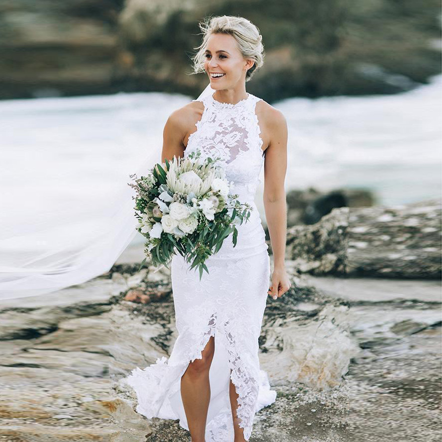 Fashion New Romantic White High Low Short Front Long Back Front Slit Lace Beach Wedding Dresses Halter Mermaid Custom Made Boho Bridal Gowns, Water melon
Fashion New Romantic White High Low Short Front Long Back Front Slit Lace Beach Wedding Dresses Halter Mermaid Custom Made Boho Bridal Gowns, Water melon