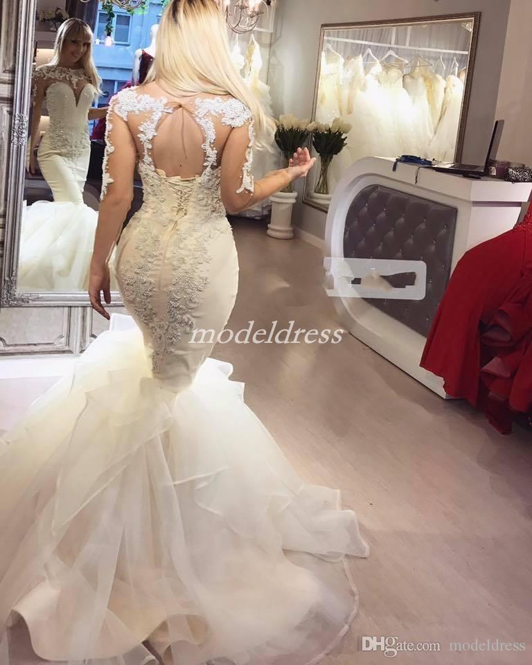 Dubai Sparkly Mermaid Wedding Dresses Long Sleeve Illusion Bodice Major Bridal Gowns Beading Cascading Ruffles Country Wedding Dress