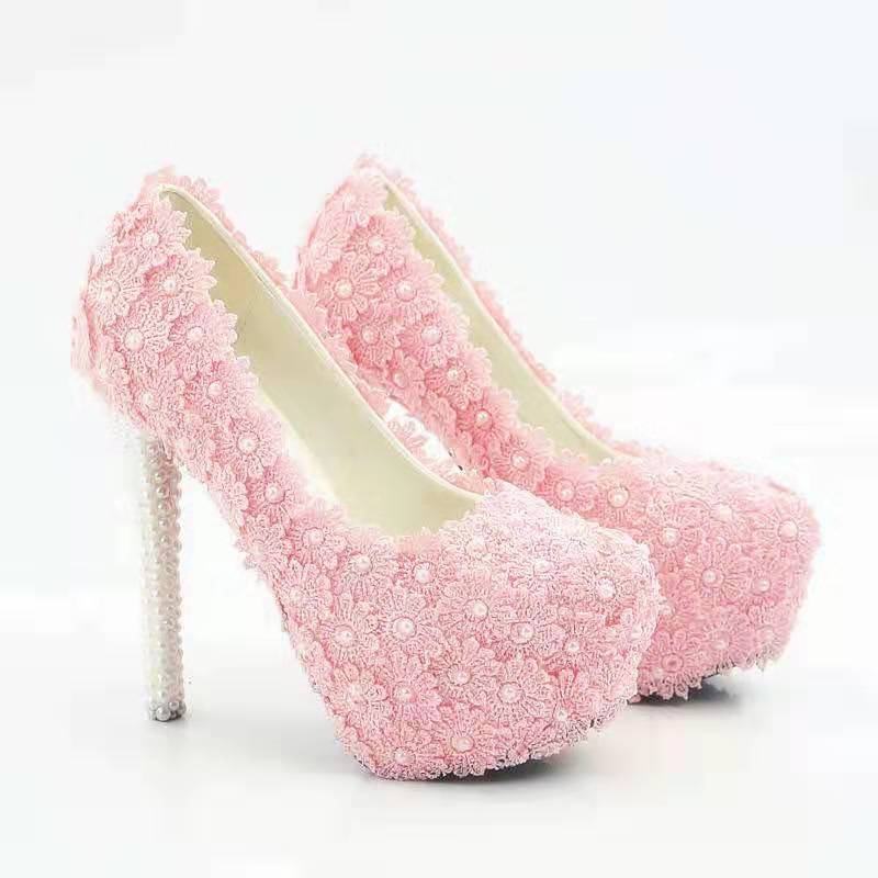 Lace Flower Wedding Shoes Pearls Pumps High Heels Bridal Shoes 14cm Bling Bling Prom Shoes for Lady