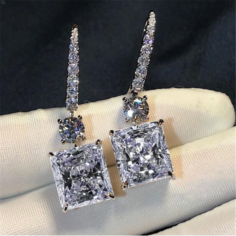 Princess Cut White Topaz Platinum Plated CZ Dia Dangle Sterg Sier Women Bridal Hook Earrings