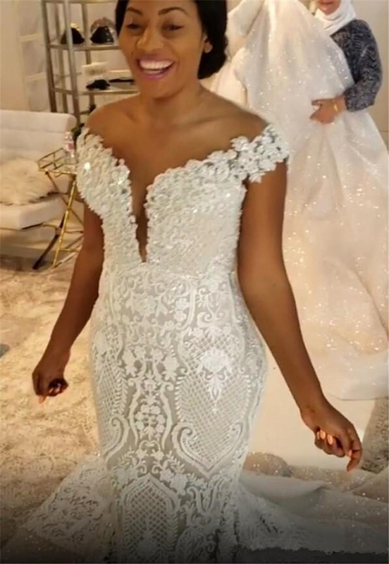 Spark Mermaid Wedding Dresses With Detachable Train African Lace Country Garden Boho Bridal Gowns Off The Shoulder Hochzeitskleider 2020