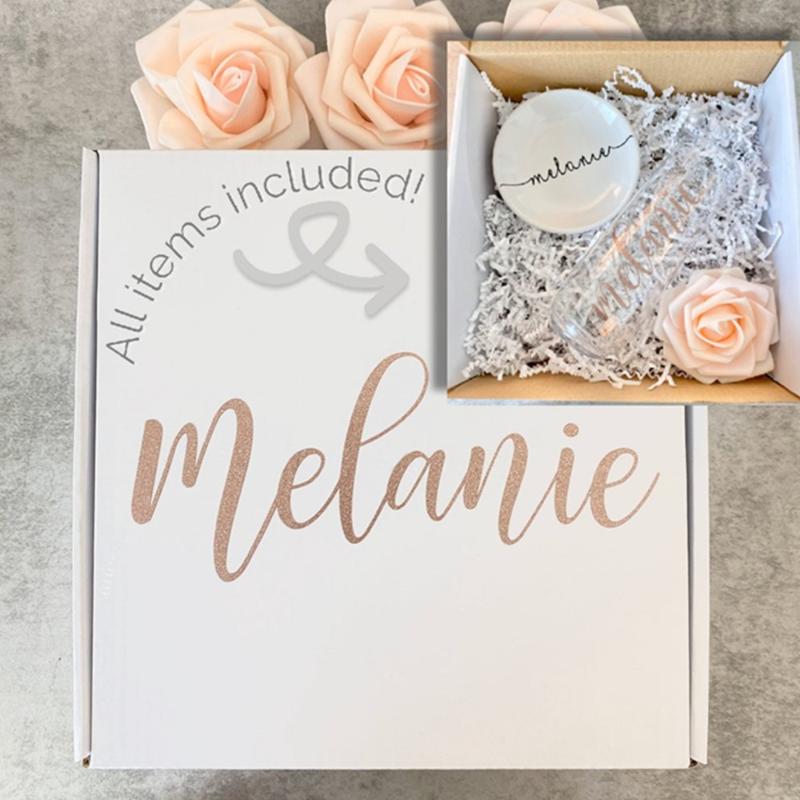 Personalized white Ready Made Set Bridesmaid Proposal Box with CRINKLE PAPER, champagne flute jewelry dish rose Bridesmaid Box
Personalized white Ready Made Set Bridesmaid Proposal Box with CRINKLE PAPER, champagne flute jewelry dish rose Bridesmaid Box