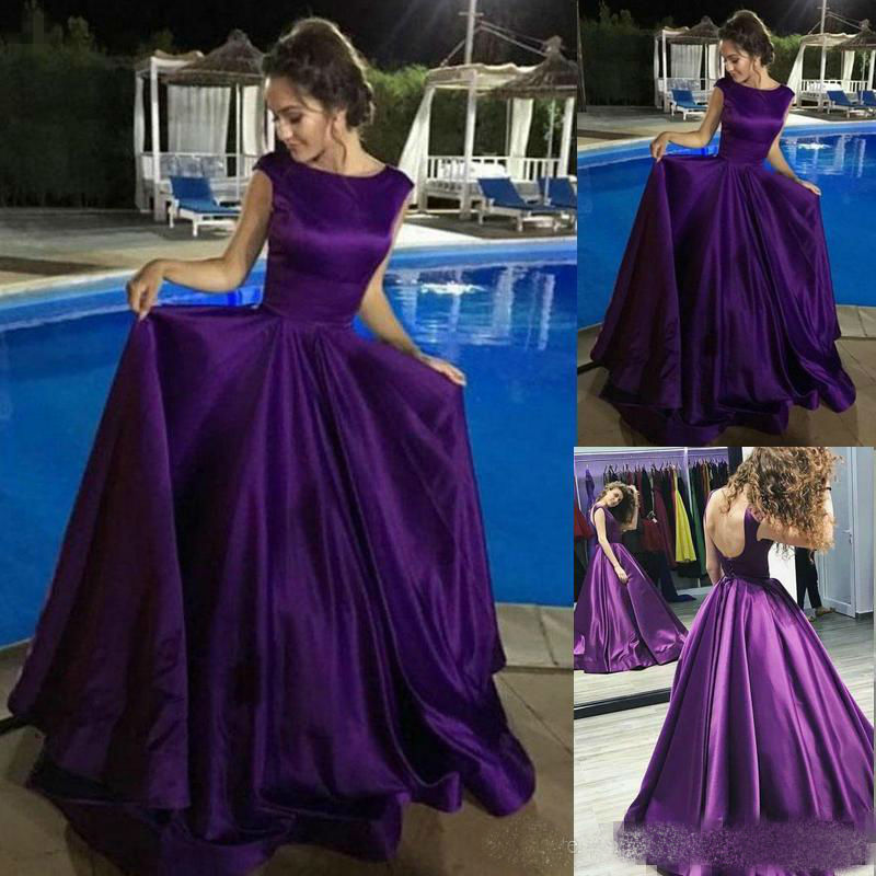 2019 Sexy Purple Prom Dresses A Line Jewel Neck Ruffles Open Back Evening Dress Cheap Formal Party Gowns