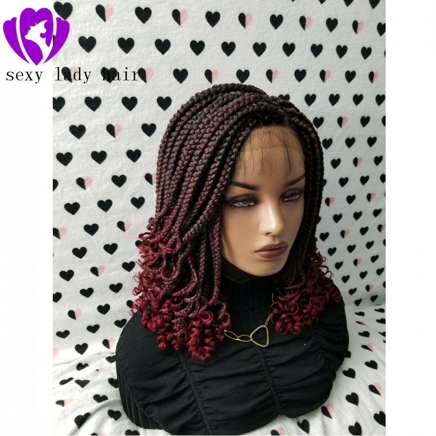 Handmade 14inch Box Braid Braided Lace Front Wig With Curly Ends Color 1b/Burgundy Red Ombre color short braiding hair wigs for black women