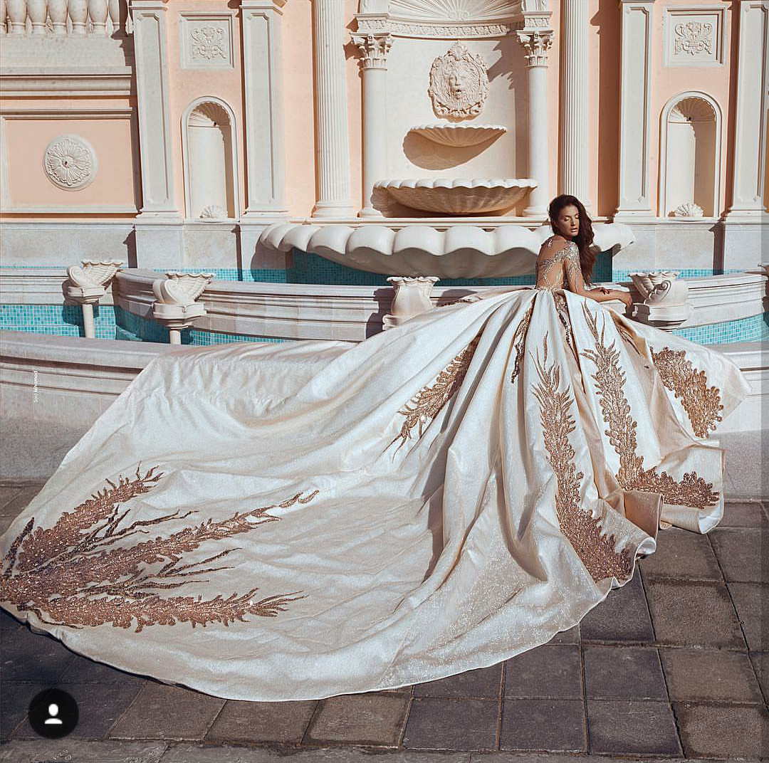 Dubai Arabic Vintage Wedding Dresses Said Mhamad Long Sleeve Gold Lace Applique Sequins Plus Size Wedding Dress with Cathedral Train