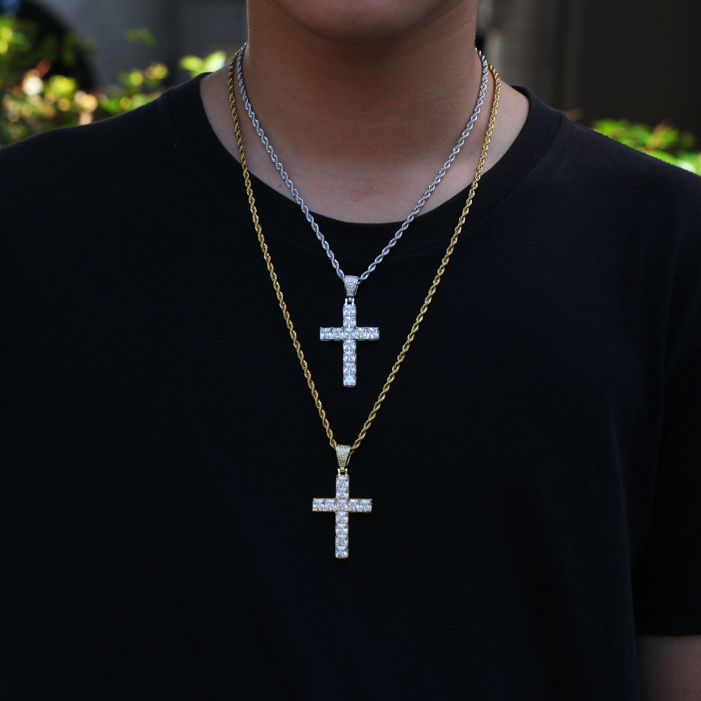 Bling Square Diamond Stone Cross Pendants White Gold Plated Necklace Men Women Lover Gift Religious Jewelry