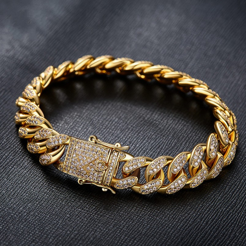 2019 New Arrival Hot Sale Hip Hop Vintage Jewelry Real White&Gold Fill Cuban Pave 5A Cubic Zirconia Stunning Men Women Bracelet
