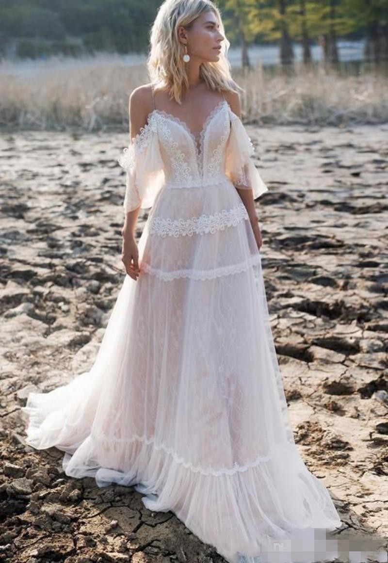Patchwork Gorgeous Lace Dresses A e Off the Shoulder Spaghetti Straps Short Sleeves Beach Wedding Gown Vestido De Novia