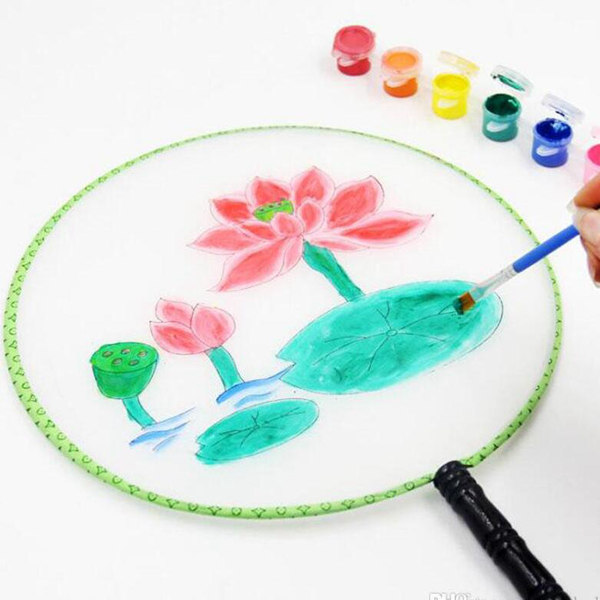 24cm DIY Blank White Silk Hand Fans Student Children Hand Painting Fine Art Programs Chinese Palace Round Fan