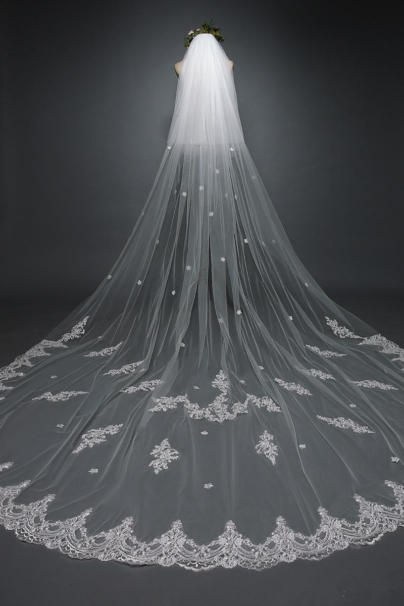 2019 Ivory 2T Wedding Veils 3 Meters Long Cathedral Length Lace Appliqued Real Image Tulle Bridal Veil With Comb