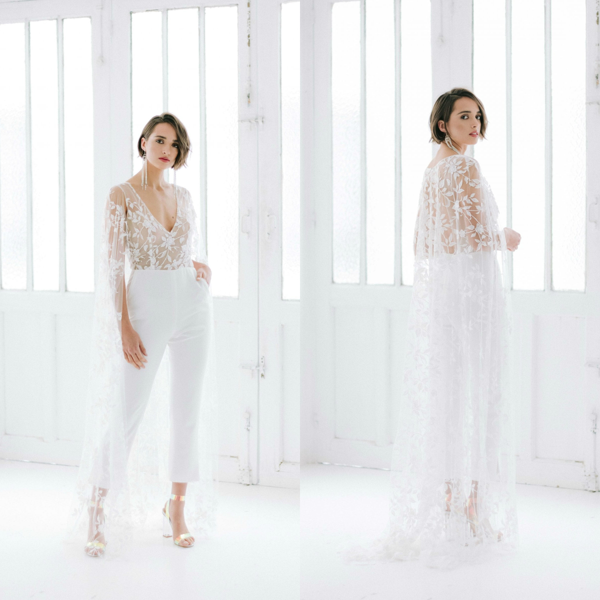 2020 White Wedding Pantsuits With Wrap V Neck Lace Appliqued Bridal Jumpsuit Formal Pants Outfit Ankle Length Wedding Gowns