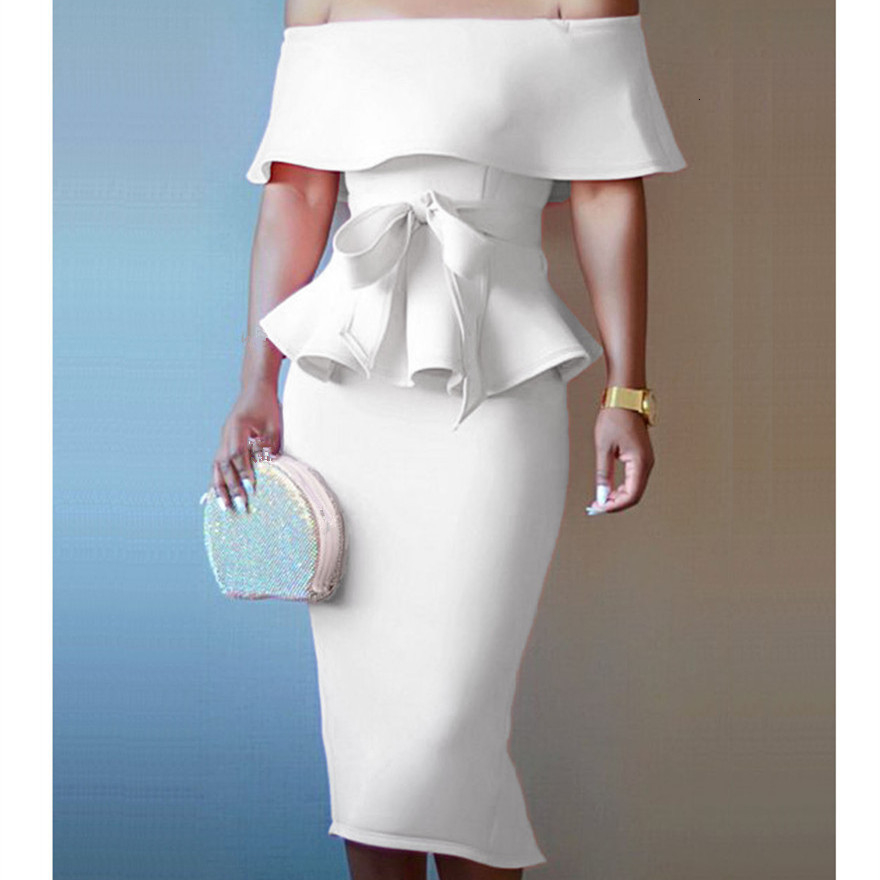 New Women Short Sleeve Ruffle Hem Shirts Bow 2 Piece Set Solid Lace Up Off Shoulder Tops and Bodycon Skirt Sexy Club Party Suits V191019