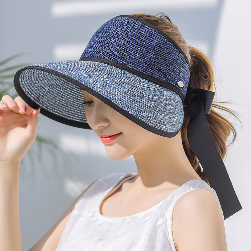 Fashion Women Ladies Summer Large Wide Brim Sun Hat Foldable Roll Up Bowknot Decor Beach Visor Cap Outdoor Travel Cap Empty Hat