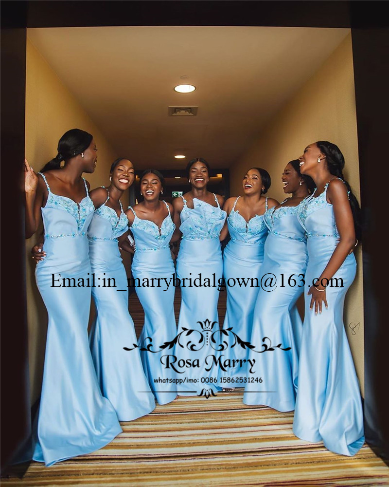 Ice Blue Mermaid African Bridesmaids Dresses 2020 Plus Size Crystals 3D Floral Black Girls Maid Of Honors Wedding Guest Gowns