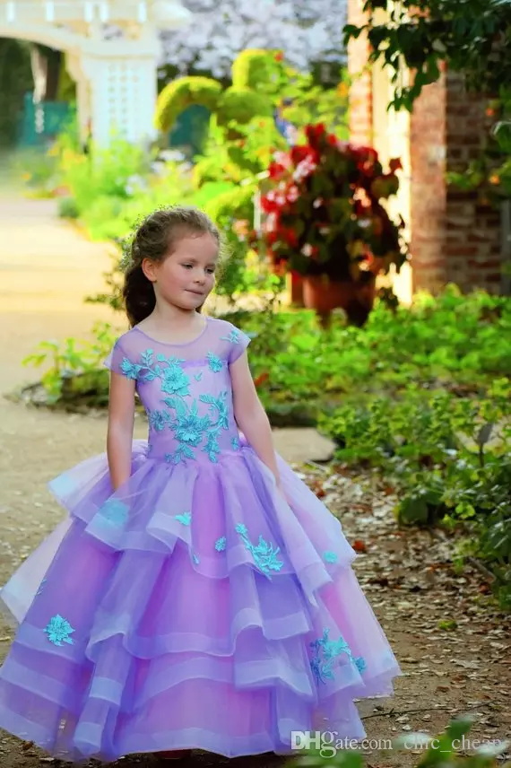 Purple Flower Girl Dresses Jewel Neck Tiered Skirts Floor Length Short Sleeves A Line Girls Pageant Dress Custom Made Kids Formal Dress
