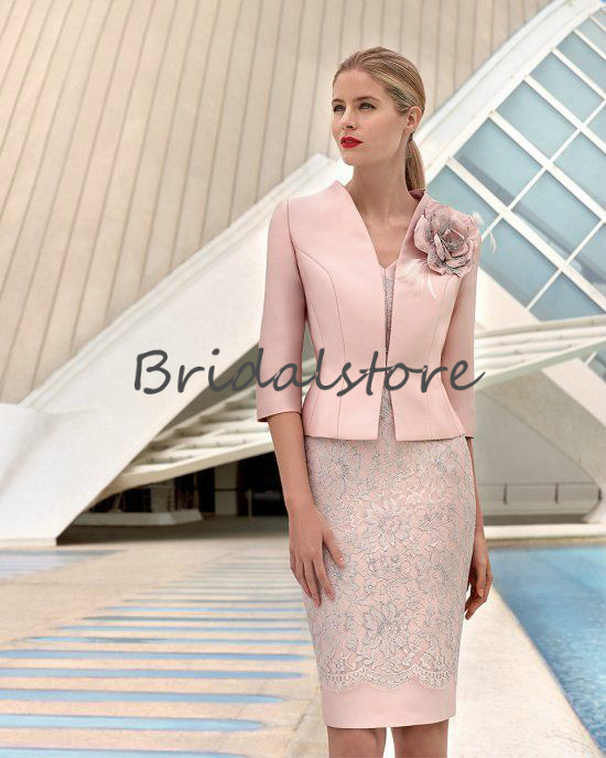New Fashion Knee Length Mother Of Bride Dresses With Free Jackets Outdoor Lace boleros Women Evening Dress Mother Bride Suits With Brooch Uk
