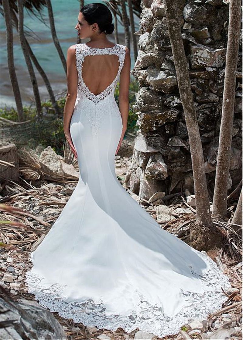 Mermaid Attractive Sequined Backless Wedding Dresses Sheer Bateau Neck Lace Appliqued Bridal Gowns Trumpet Plus Size Robe De Marie
