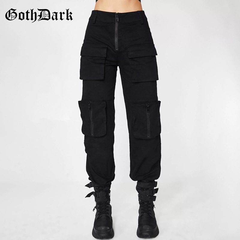 Goth Dark Black Pleated Grunge Gothic Pants For Women Harajuku Punk Patchwork Zipper Pockets Autumn 2019 Fashion Female Trousers