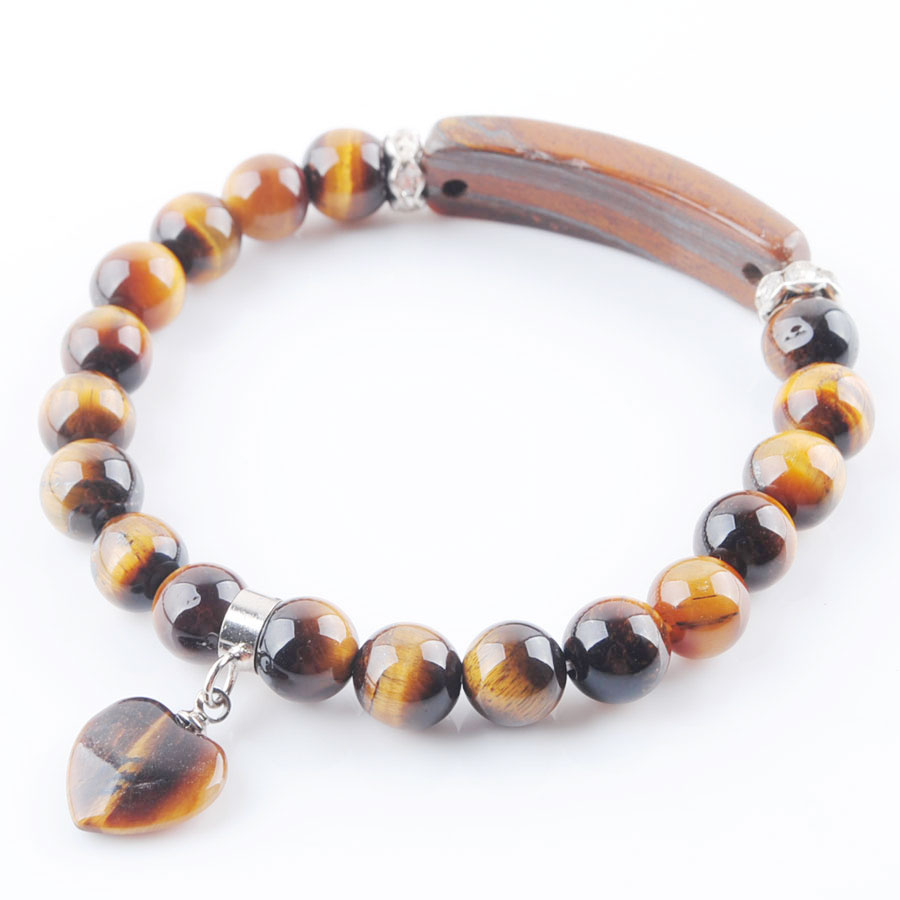 WOJIAER Natural Stone Beads Tiger Eye Strand Bracelets & Bangles Heart Shape Silver-color Fitting Women Jewelry Love Gifts K3313