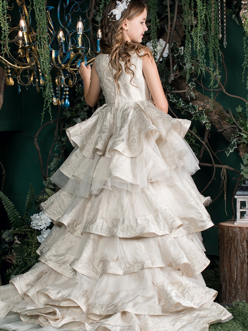 Luxury Girls Pageant Dresses Lace Appliqued Pearls High Low Tiered Skirts Flower Girl Dresses 2019 Princess Birthday Party Gowns Custom Made