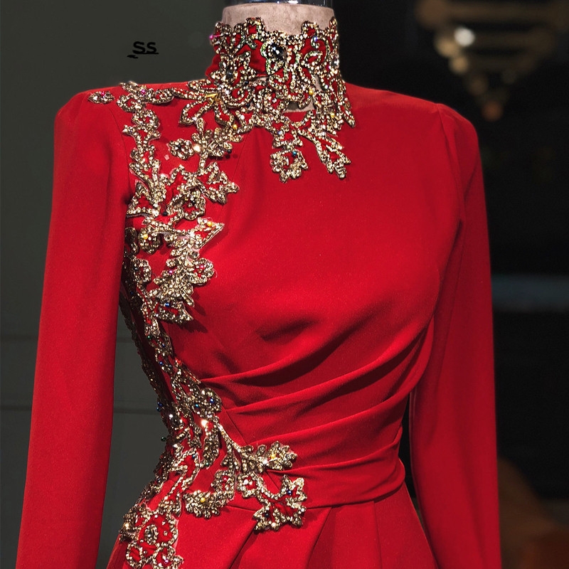 Party-Gown Red Mermaid Evening Dresses High Collar Full Sleeves Long Evening Dress Court Train Prom Formal Gowns robe-de-soiree