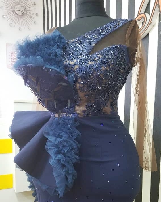 Navy Blue Lace Beaded Mermaid Evening Dress Sexy Formal Party Prom Dresses Long Sleeve