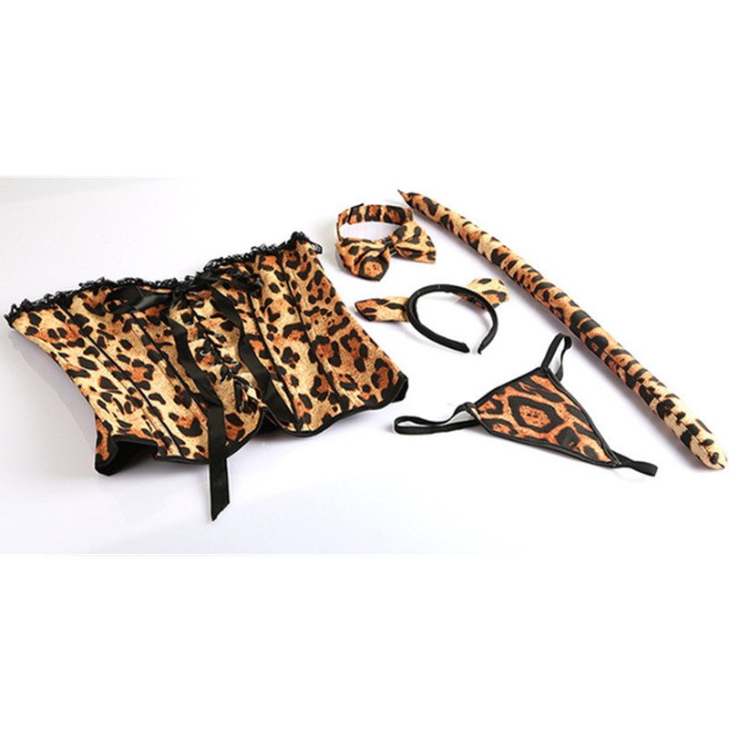 5pcs Brown Leopard Print Animal Corset Dress Carnival Halloween Costume For Women Sexy Catwomen Cosplay Role-Play Party Costume Adult S-XXL