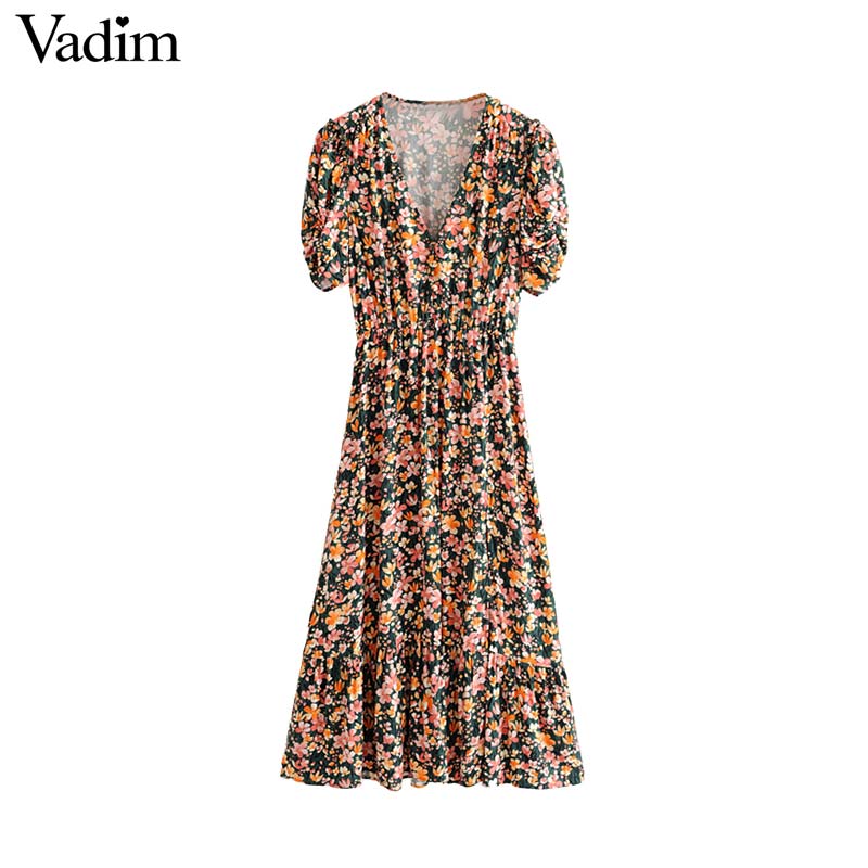 Vadim retro floral print midi dress V neck short sleeve elastic waist split vintage female sexy casual beach dresses QC595, As picture
Vadim retro floral print midi dress V neck short sleeve elastic waist split vintage female sexy casual beach dresses QC595, As picture
