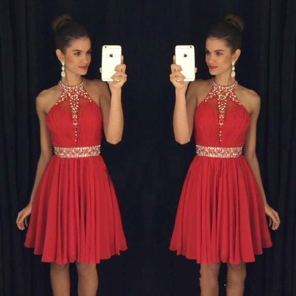 Red Sweet 16 Homecoming Dresses Halter Neck Vestido Formatura Curto Beaded Crystals Rhinestones Ruched Backless New Short Prom Dresses
