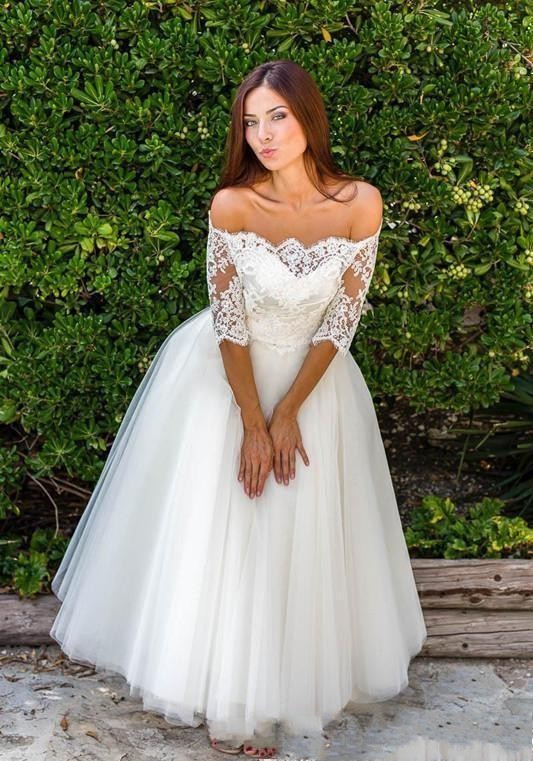New Cheap Vintage Country Beach A E Wedding Dresses Off The Shoulder Appliques Lace Half Sleeves Ankle Length Tulle Formal Bridal Gowns 0219