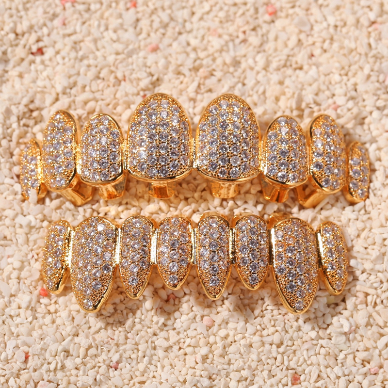 Iced Out 14K Gold Grills Crystal Teeth Top Bottom Dia Grillz Hip Hop Bling Cubic Zircon Rapper Body Jewelry