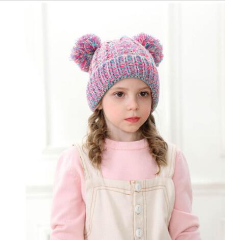 Kid Knit Crochet Beanies Hat Girls Soft Double Balls Winter Warm Hat 13 Colors Outdoor Baby Pompom Ski Caps GB1559
