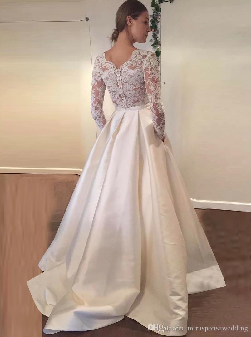 Lace Modest V-Neck Satin Dresses A-Line Long Sleeves Sweep Train Covered Button Bridal Gowns Wedding Dress Vestidos