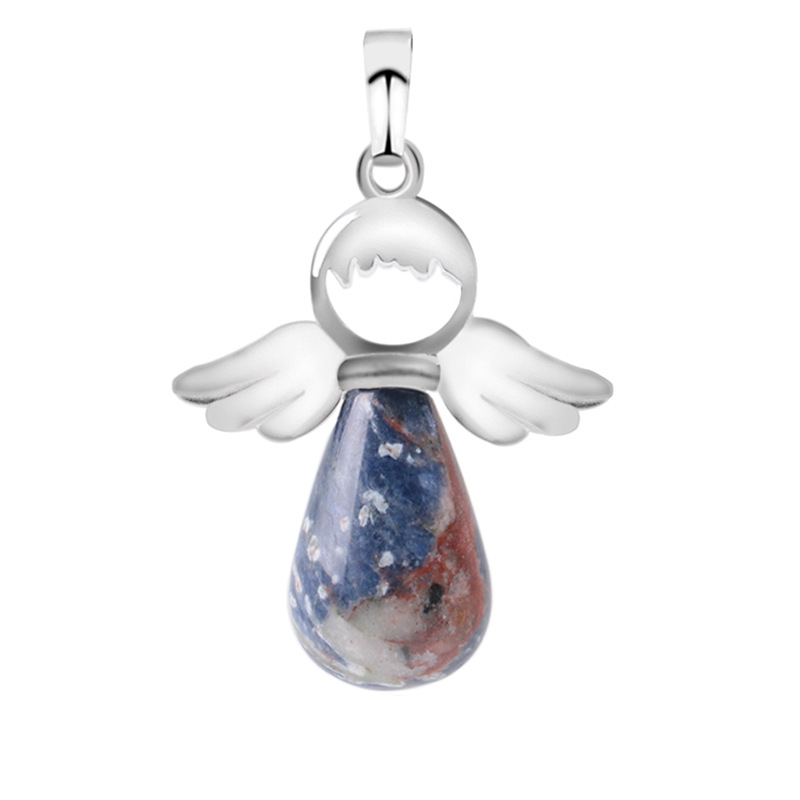 Natural Stones Angels Wings Pendant for Necklace Pink Quartz Onyx Pendants Silver-color Water Drop Female Jewelry Gift