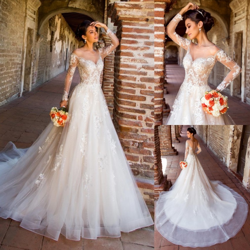 A Line Sparkly Lace Appliqued Wedding Dresses Sheer Jewel Neck Beaded Long Sleeves Bridal Gowns See Through Back Court Train Robe De Marie ppliqued