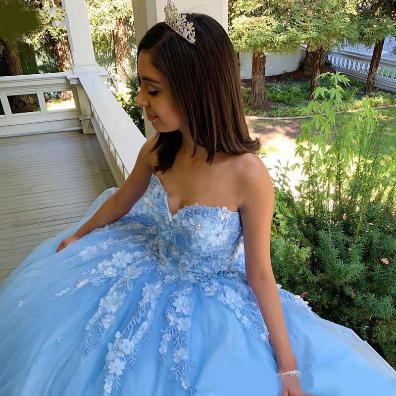 Light Sky Blue Ball Gown Quinceanera Dresses Sweet Heart Lace up Back Appliques Formal Gowns for Sweet 15 vestidos de quinceañera