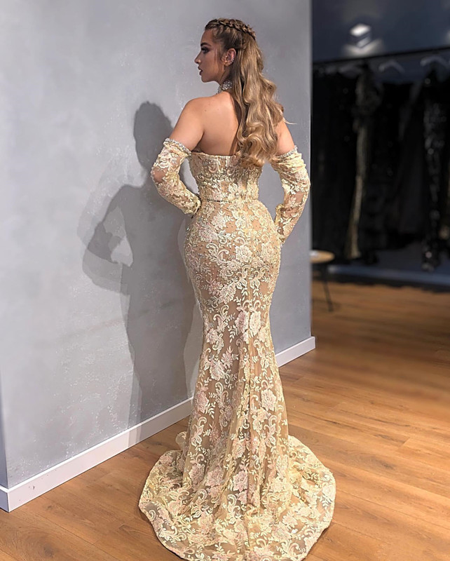 Champagne Sparkly Mermaid Prom Pageant Dresses with Long Sleeve 2020 Modern Beaded High Neck Plus Size Aso Ebi Style Lace Evening Wear Gown