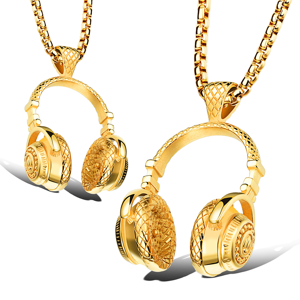 Mens Music Headset Pendant Necklace 316L Stainless Steel 18k Gold Plated Lover Couple Pendant Necklace Jewelry