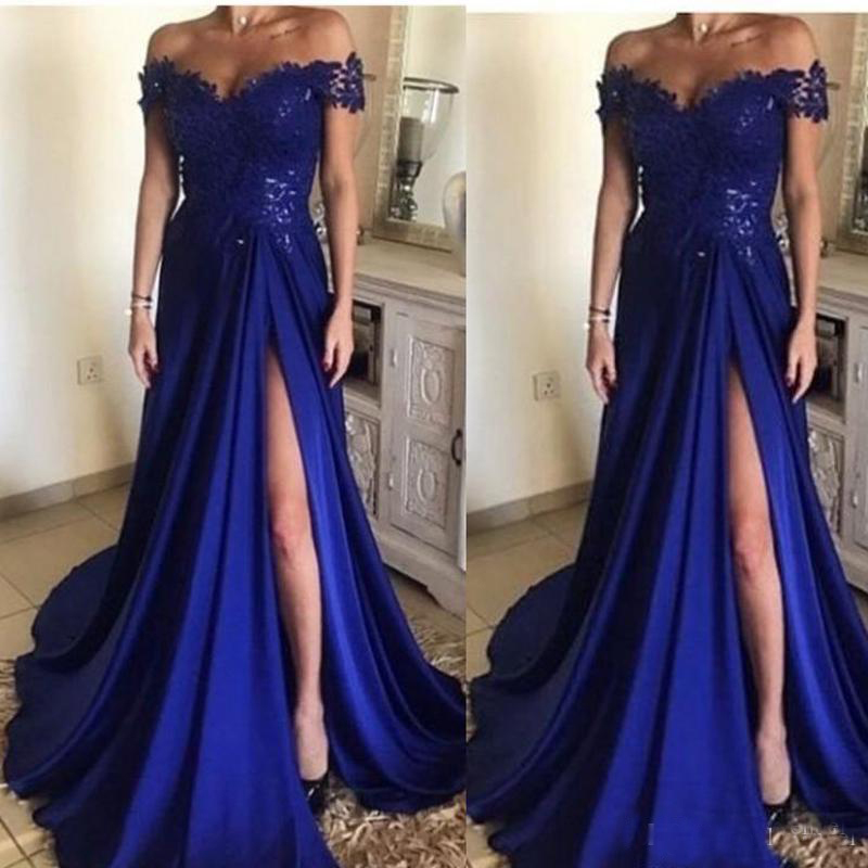 Elegant Royal Blue Long Prom Dresses 2018 With Lace Off Shoulder Cap Sleeve Split Floor Length Satin Evening Gowns Formal Prom Dress