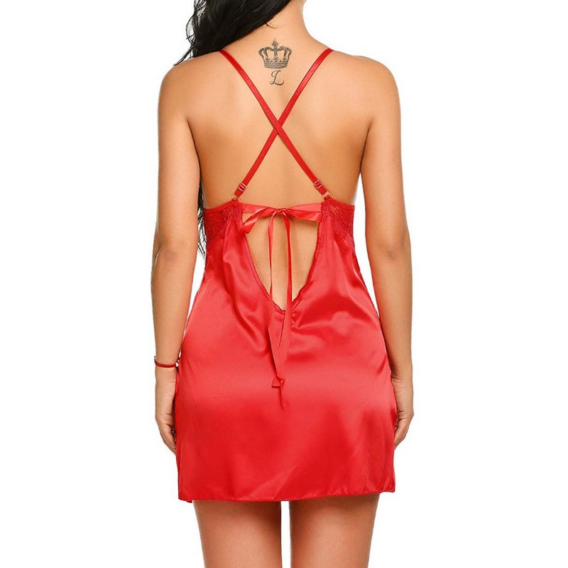 Cut-out Eyelash Lace Details Silky Sheer Satin Nightwear Babydoll Chemise with G-String Set Sleepwear Dress Women Sexy Lingerie Side Split