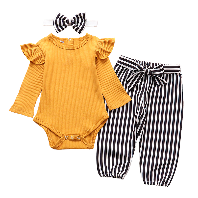 Baby Girl Clothes Newborn 3Pcs Set Autumn Girls Ruffles Solid Romper Bodysuit Floral Pants Headband Outfits 0-24 Months Clothing