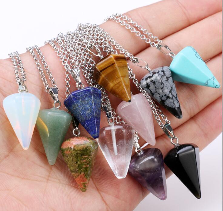 Natural Gemstone Pendant Necklace Crystal Healing Chakra Reiki Silver Stone Hexagonal Prisme Cone Pendulum Charm Necklaces GB1465