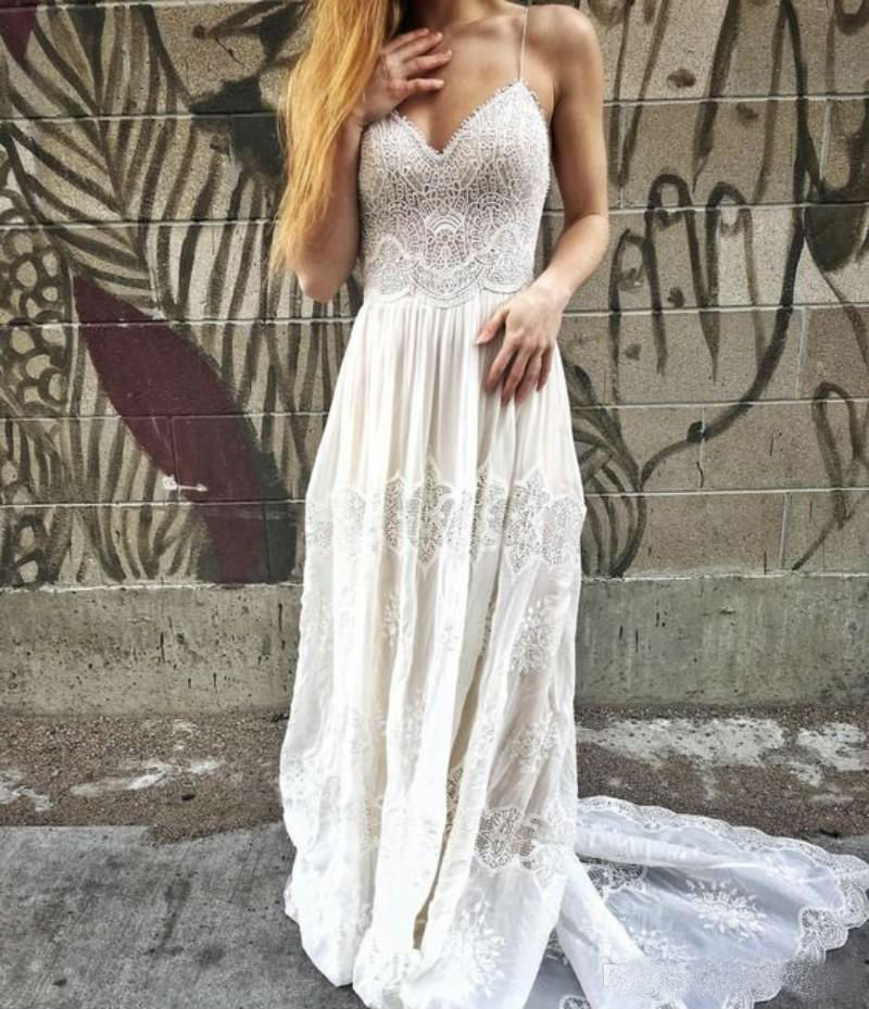 Bohemian Lace Wedding Dresses A Line Sexy Spaghetti Neck Bridal Gowns Boho vestidos de novia Beach Wedding Dress