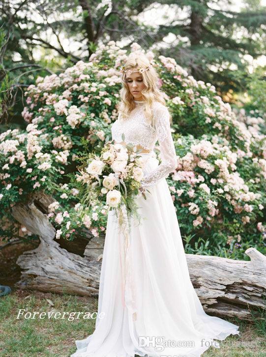 2019 Romantic Two Pieces Bohemian Wedding Dress Elegant Chiffon Long Sleeves Lace Summer Beach Bridal Gown Plus Size Custom Made