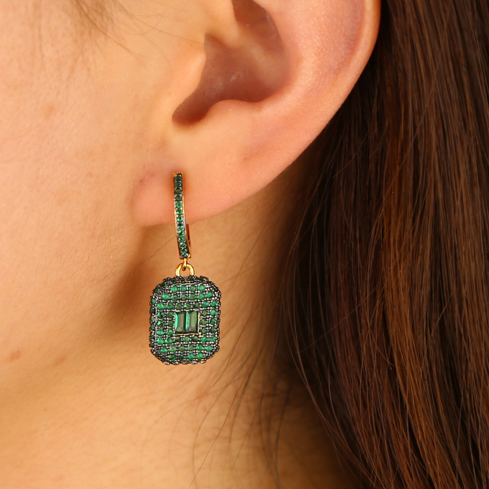 micro pave cz iced out women earring prong setting White Green cubic zirconia dangle earrings